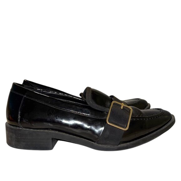 ZARA Vegan Patent Leather Loafers 38 7.5 Low Heel Buckle Detail Goth Preppy Faux - Picture 2 of 16
